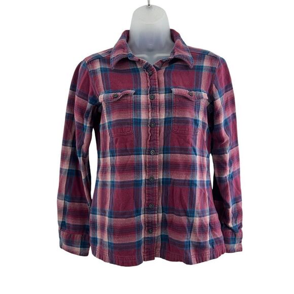 Patagonia Fjord Flannel Button Down Shirt Women's Size 2 Plaid Red Blue Long - Picture 10 of 16